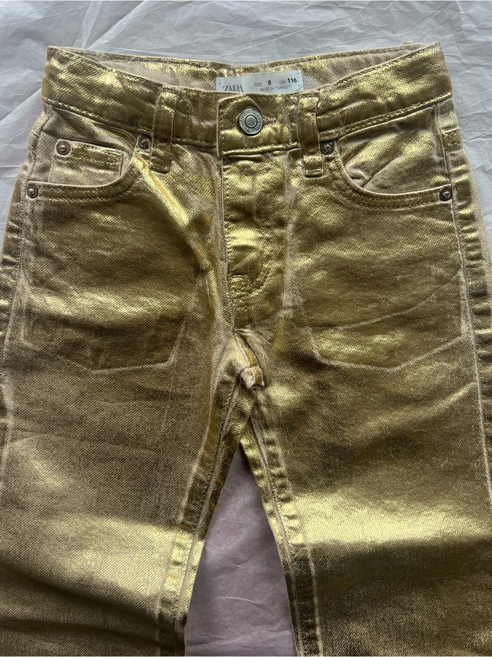 NWOT Zara Kids 6T Metallic Gold Jeans 5 pocket adjustable waist